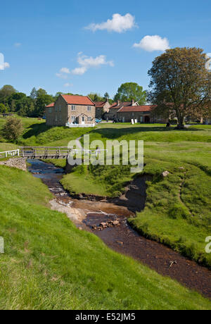 Il torrente beck attraversa il pittoresco villaggio di Hutton-le-Hole in estate nel North Yorkshire Inghilterra Regno Unito Gran Bretagna Foto Stock