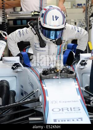 Hockenheim, Germania. 18 Luglio, 2014. British Formula One driver Susie Wolff dal team Williams entra nella sua auto durante la prima sessione di prove libere all'Hockenheimring race track di Hockenheim, in Germania, il 18 luglio 2014. Il Gran Premio di Formula Uno di Germania avrà luogo il 20 luglio 2014 all'Hockenheimring. Foto: BERND WEISSBROD/dpa/Alamy Live News Foto Stock