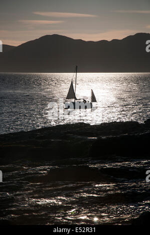 Barca in silhouette di sunrise al largo della costa di Anglesey Wales UK Foto Stock