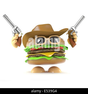 3D render di un beefburger vestito come un cowboy sparare due pistole in aria Foto Stock