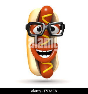 3D render di ridere hot dog indossando occhiali da sole e senape Foto Stock