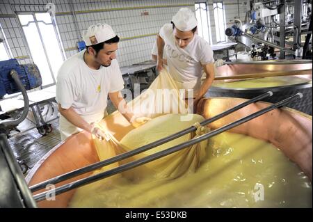 Trescore Cremasco (Cremona, Italia); produzione di Grana Padano DOP italiani formaggio tipico Foto Stock