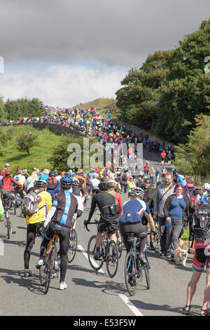 Gli spettatori in attesa dell'arrivo del 2014 Tour de France sul tubo di burro Pass, North Yorkshire, Inghilterra, Regno Unito Foto Stock