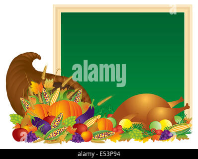 La Giornata del ringraziamento raccolto autunnale Cornucopia con la Turchia la cena festa zucche frutta e verdura con lavagna illustrati di segno Foto Stock