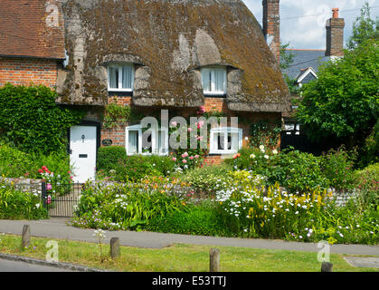 Cottage con il tetto di paglia nel villaggio di Oakley, Hampshire, Inghilterra, Regno Unito Foto Stock