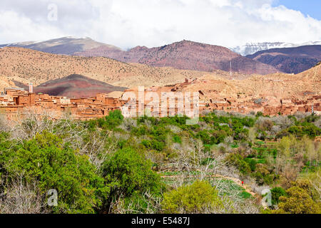 Kasbah anemiter, asif ounila,vicino ait bennhaddou,verde fertili valli fluviali, l'agricoltura,noce,alberi di pesco in fiore,Marocco Foto Stock