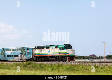 Il motore tirando Tri ferrovia regionale del servizio ferroviario treno tra Miami e Fort Lauderdale e West Palm Beach in Florida del Sud, Stati Uniti d'America. Foto Stock