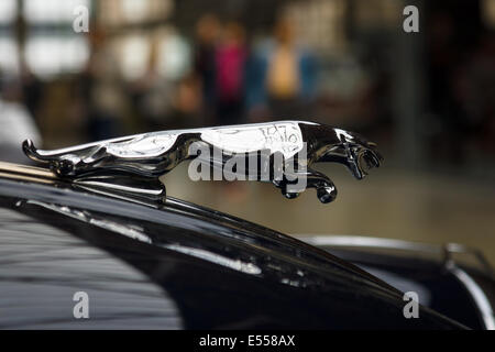 Ornamento del cofano (Jaguar nel salto) della vettura sportiva Jaguar XK150 Coupe s. Ventisettesimo giorno Oldtimer Berlin - Brandenburg Foto Stock