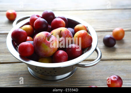 Prugne fresche in uno scolapasta, cibo closeup Foto Stock