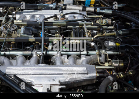 Il vano motore (motore) di una Jaguar XJS V12, 1989. Ventisettesimo giorno Oldtimer Berlin - Brandenburg Foto Stock