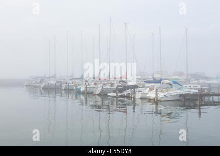 La nebbia oltre il porto e marina sul Lago Seneca in Watkins Glen New York nella regione dei Laghi Finger di New York Foto Stock