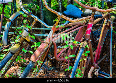 Vecchio arrugginito biciclette a vettura vecchia città bianca in Georgia Foto Stock