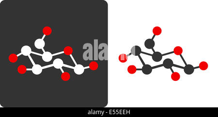 Di zucchero (glucosio, beta-D-glucosio) molecola, piatto stile icona. Carbonio (bianco/grigio) e ossigeno (rosso) atomi mostrato come cerchi, idrogeno Foto Stock