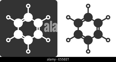 Benzene (C6H6) aromatico molecola di idrocarburo, piatto lo stile dell'icona. Atomi mostrato come cerchi (carbonio - grande, idrogeno - piccola). Foto Stock