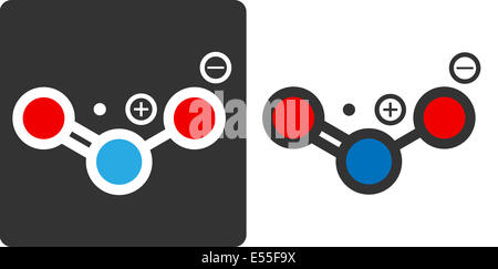 Il biossido di azoto (NO2, NOx) gas tossici e inquinanti atmosferici, piatto lo stile dell'icona. Atomi come mostrato con codifica a colori dei cerchi (ossigeno - rosso, nitr Foto Stock