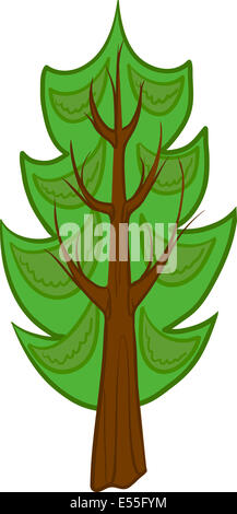 Illustrazione di un cartoon conifera albero con luce verde Aghi, marrone del tronco e rami. Isolato. Foto Stock