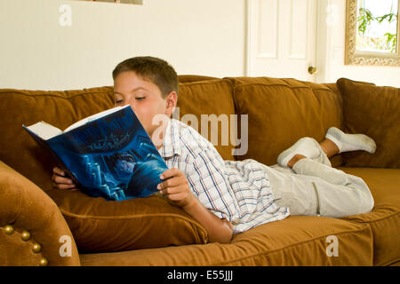 Un giovane giapponese/Caucasian ragazzo lettura libro signor © Myrleen Pearson Foto Stock