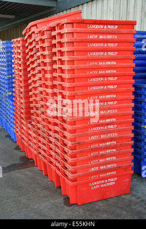 Rosso pesce in plastica contenitori impilati sul Quayside, Brixham Harbour, Devon, Inghilterra, Regno Unito Foto Stock