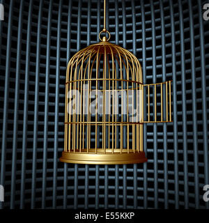 Falsa libertà e limitato il concetto di libertà come un uccello aperto gabbia all'interno di una gabbia più grande o la prigione come un concetto di cospirazione per l umana Foto Stock