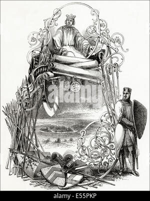 Illustrazione raffigurante il Re Giovanni, il feudo di baroni & Magna Carta in 1215. Victorian xilografia incisione di circa 1845. Foto Stock