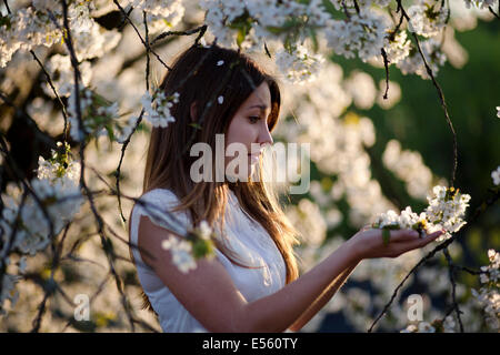 Ritratto di una giovane donna con fiori di ciliegio Foto Stock