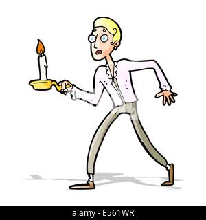 Cartoon uomo spaventato camminare con il candelabro Illustrazione Vettoriale