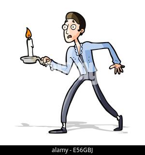 Cartoon uomo spaventato camminare con il candelabro Illustrazione Vettoriale