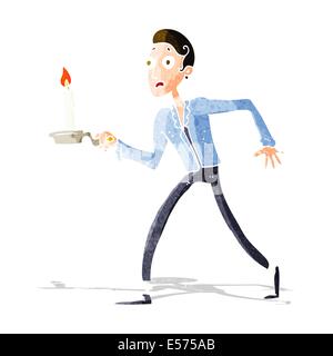 Cartoon uomo spaventato camminare con il candelabro Illustrazione Vettoriale