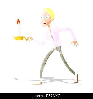 Cartoon uomo spaventato camminare con il candelabro Illustrazione Vettoriale