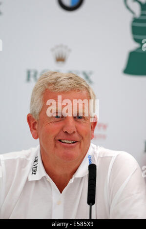 Porthcawl, Wales, Regno Unito. 23 Luglio, 2014. Colin Montgomerie intervenendo a una conferenza stampa di questa mattina in anticipo del Senior Open Golf Tournament al Royal Porthcawl Golf Club nel Galles del Sud, che inizia domani. Credito: Phil Rees/Alamy Live News Foto Stock