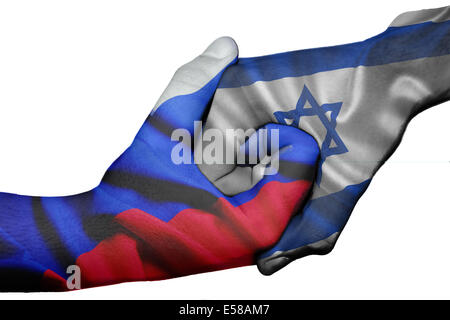 Handshake diplomatiche tra paesi: bandiere della Russia e Israele sovradipinta le due mani Foto Stock