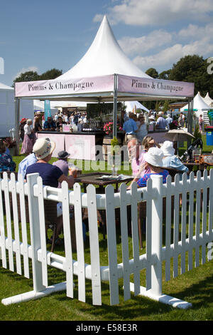 White Picket Fence e marquee alla Tatton Park, Manchester, UK 23 Luglio, 2014. Pimms e champagne al di fuori ad RHS Flower Show. Impostare nella magnifica parklands, RHS Flower Show Tatton Park è una celebrazione dei migliori nel giardinaggio con una vibrante atmosfera di carnevale. Foto Stock