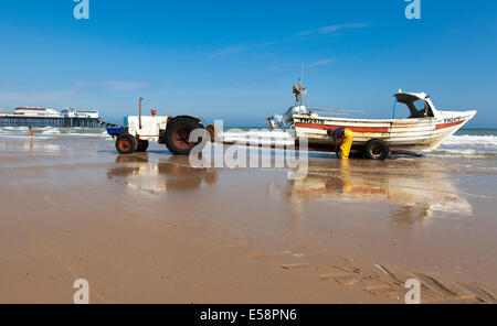 Cromer, Norfolk, Regno Unito. Il 23 luglio 2014. A Cromer crab fisherman terre la sua cattura sulla spiaggia a Cromer in una calda giornata di sole con temperature di 24c. Credito: Mark Richardson/Alamy Live News Foto Stock