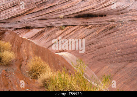 L'acqua che scorre dalla parete del canyon slip-rock durante un acquazzone che illustra la potenza di erosione di acqua Foto Stock