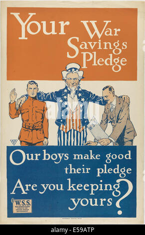 Un poster della prima guerra mondiale che promuoveva War Savings Stamps (W.S.S.), con l'immagine dello zio Sam che esorta i cittadini a impegnarsi a sostenere lo sforzo bellico. Foto Stock