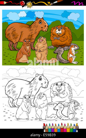 Libro da colorare o pagina Cartoon illustrazione del Bianco e del Nero simpatici roditori mammiferi animali mascotte gruppo di caratteri per i bambini Foto Stock