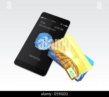La carta di credito e smartphone con la scansione delle impronte digitali app Foto Stock