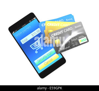 Carta di credito e lo smartphone per la telefonia mobile di pagamento Nozione Foto Stock