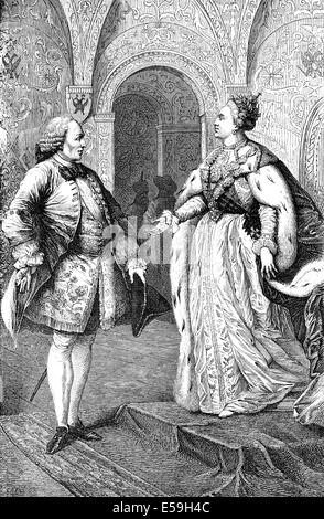 Catherine II o di Caterina la Grande, 1729 - 1796, imperatrice di Russia con Denis Diderot, 1713 - 1784, un filosofo francese, Foto Stock