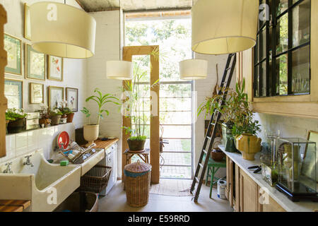 Porta in vetro nella cucina rustica Foto Stock