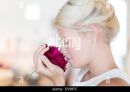 Donna odore di rose Foto Stock