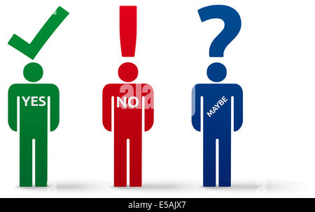 Silhouette uomo con Sì, No, forse pensi Firma e shadow - isolato su sfondo bianco Foto Stock
