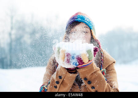 Giovane donna lavori di soffiaggio della neve a distanza Debica, Polonia Foto Stock