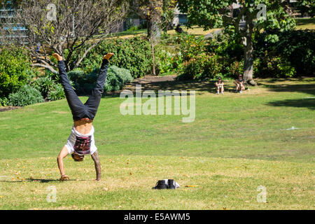 Melbourne Australia, Victoria West, Flagstaff Gardens, pubblico, parco, adulti uomini uomini maschi, fare, stand, una mano, i visitatori viaggio tour Foto Stock