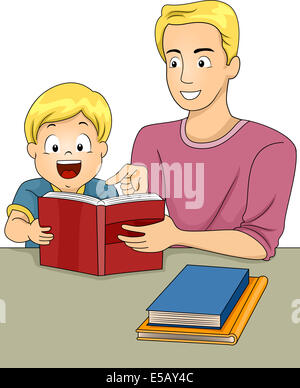 Illustrazione di un padre e figlio la lettura di un libro insieme Foto Stock