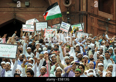 New Delhi, India. Xxv Luglio, 2014. I musulmani partecipare ad una dimostrazione contro attacco israeliano sulla striscia di Gaza, a Jantar Mantar a New Delhi, India, 25 luglio 2014. © Partha Sarkar/Xinhua/Alamy Live News Foto Stock