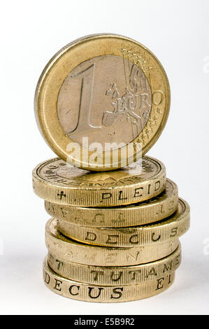 Una pila di British Pound monete con un 1 Euro moneta sulla parte superiore. Foto Stock