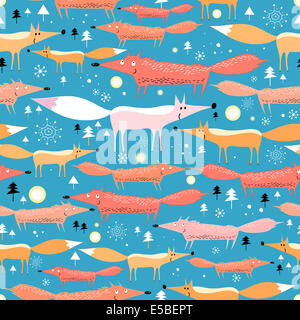 Seamless pattern luminosi di volpi su uno sfondo blu con alberi di Natale Foto Stock