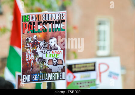 Belfast, Irlanda del Nord. 26 lug 2014 - un manifestante sorregge un poster che dice "l'Irlanda sostiene la Palestina. Lasciate che la striscia di Gaza i pidocchi. Fine apartheid israeliano' in corrispondenza di un pro-sguardo/anti-Israeliano protesta rally Credit: stephen Barnes/Alamy Live News Foto Stock