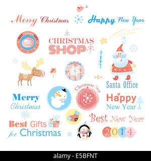 Nuovo anno insieme con una grafica delle intestazioni e dei vari elementi di disegno su sfondo bianco Foto Stock